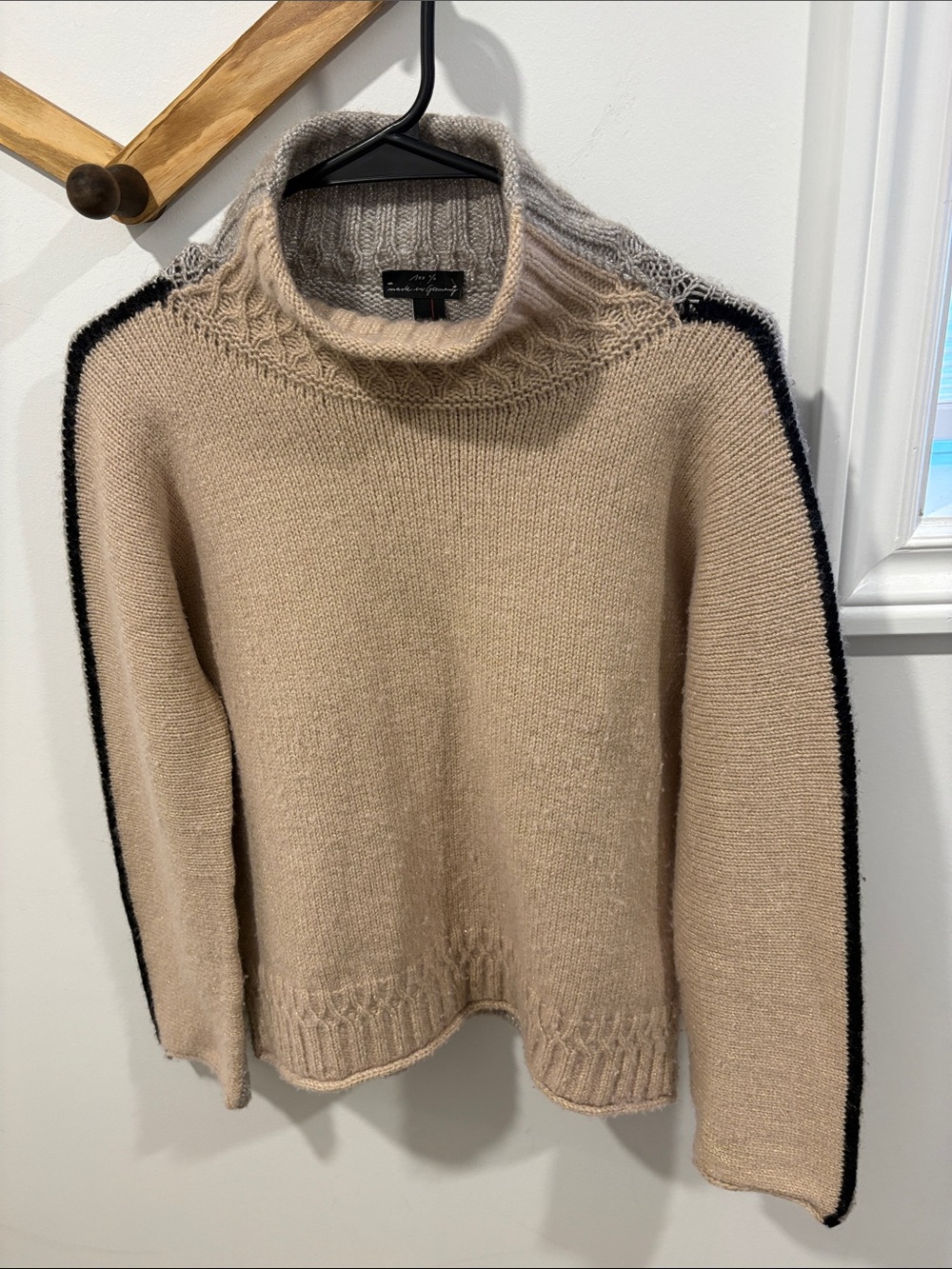 Marc Cain Wool & Cashmere Blend Turtleneck Sweater in Beige with Black Stripe